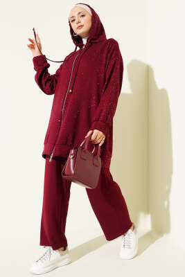 Pazarium - Loyşa Sim Detaylı Kapüşonlu İkili Takım Bordo