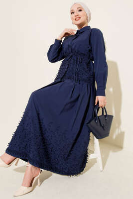 Pazarium - Sarmaşık Kabartmalı Etekli İkili Takım Lacivert