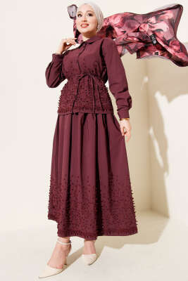 Pazarium - Sarmaşık Kabartmalı Etekli İkili Takım Bordo