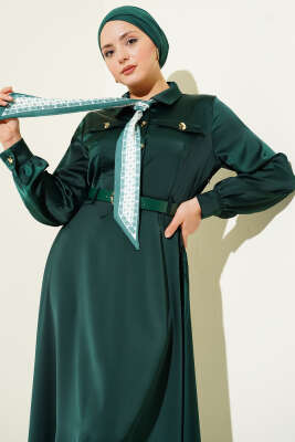 Pazarium - Fularlı Kemerli Saten Abiye Elbise Zümrüt