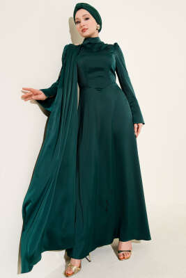 Pazarium - Tek Omuz Pelerinli Saten Abiye Zümrüt