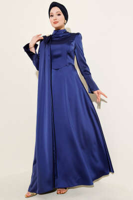 Pazarium - Tek Omuz Pelerinli Saten Abiye Lacivert