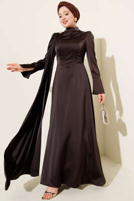 Pazarium - Tek Omuz Pelerinli Saten Abiye Kahve