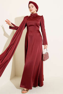 Pazarium - Tek Omuz Pelerinli Saten Abiye Bordo