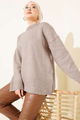 Pazarium - Basic Oversize Triko Tunik Vizon