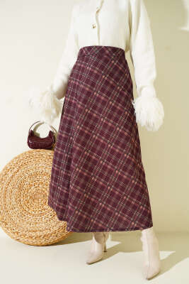 Pazarium - Ekoseli Beli Lastikli Kloş Etek Mürdüm