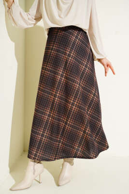 Pazarium - Ekoseli Beli Lastikli Kloş Etek Camel