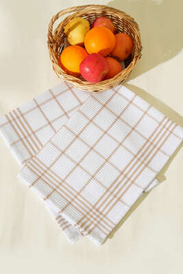 Pazarium - 2'Li Kare Desenli Mutfak Havlusu Latte