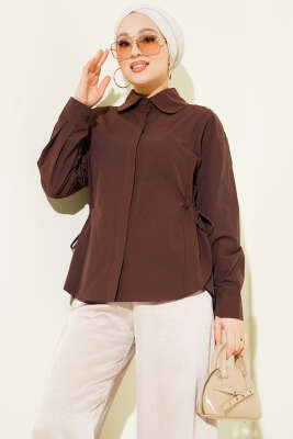 Pazarium - Bel Tünelli Basic Gömlek Kahve