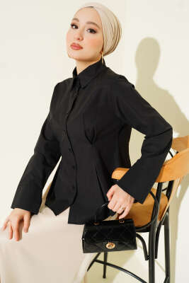 Pazarium - Önü Pens Detaylı Kısa Gömlek Siyah