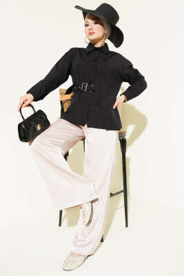 Pazarium - Yan Kemer Detaylı Gömlek Siyah