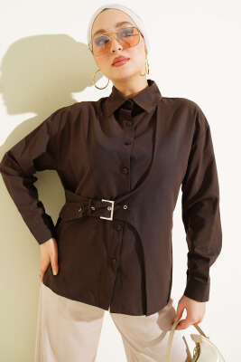 Pazarium - Yan Kemer Detaylı Gömlek Kahve