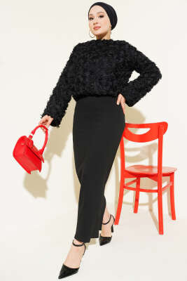 Pazarium - Gül Bluzlu Etekli İkili Takım Siyah