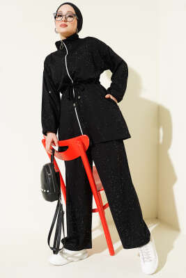 Pazarium - Bel Tünelli Simli Loyşa İkili Takım Siyah