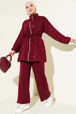 Pazarium - Bel Tünelli Simli Loyşa İkili Takım Bordo
