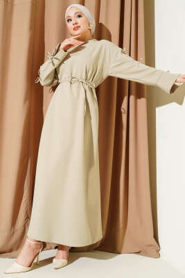 Pazarium - Kol Fiyonklu İp Kuşaklı Dabıl Elbise Çağla Yeşili