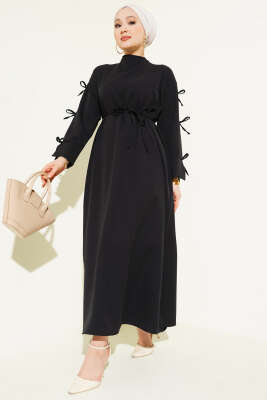 Pazarium - Kol Fiyonklu İp Kuşaklı Dabıl Elbise Siyah