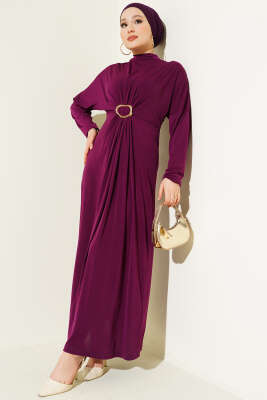 Metal Tokalı Büzgülü Elbise Mor - Thumbnail