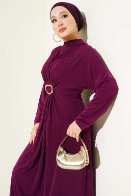 Metal Tokalı Büzgülü Elbise Mor - Thumbnail