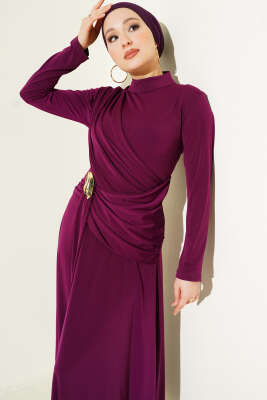 Pazarium - Bel Toka Detaylı Abiye Elbise Mor