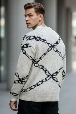 Zincir Desen Örme Triko Erkek Kazak Krem - Thumbnail