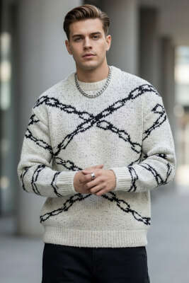Pazarium - Zincir Desen Örme Triko Erkek Kazak Krem