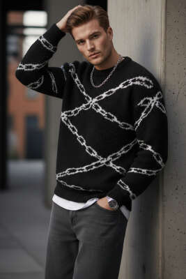 Zincir Desen Örme Triko Erkek Kazak Siyah - Thumbnail