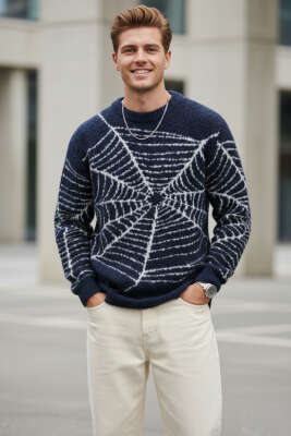 Pazarium - Ağ Desen Örme Triko Erkek Kazak Lacivert