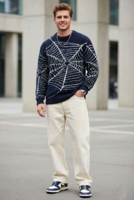 Ağ Desen Örme Triko Erkek Kazak Lacivert - Thumbnail