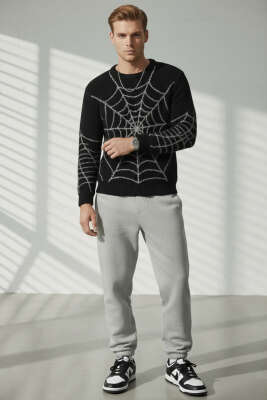 Ağ Desen Örme Triko Erkek Kazak Siyah - Thumbnail