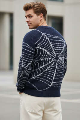 Ağ Desen Örme Triko Erkek Kazak Lacivert - Thumbnail