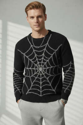 Ağ Desen Örme Triko Erkek Kazak Siyah - Thumbnail