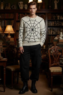 Ağ Desen Örme Triko Erkek Kazak Krem - Thumbnail