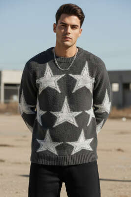 Pazarium - Yıldız Desen Triko Örme Erkek Kazak Antrasit