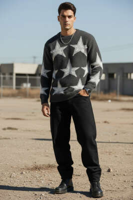 Yıldız Desen Triko Örme Erkek Kazak Antrasit - Thumbnail