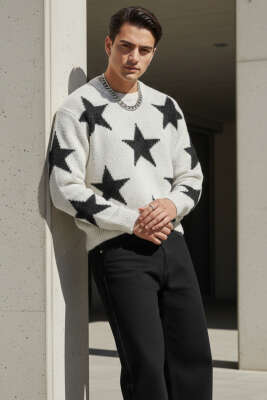 Pazarium - Yıldız Desen Triko Örme Erkek Kazak Kemik