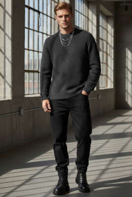 Basic Örme Triko Erkek Kazak Gri - Thumbnail