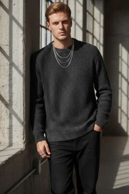 Basic Örme Triko Erkek Kazak Gri - Thumbnail