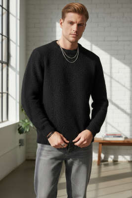 Pazarium - Basic Örme Triko Erkek Kazak Siyah