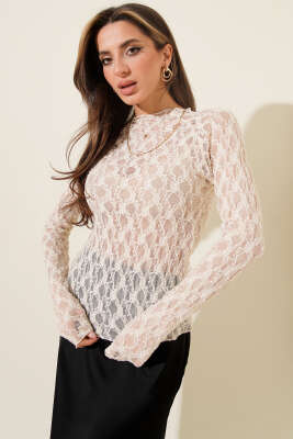 Dantelli Büzgülü Transparan Bluz Bej - Thumbnail