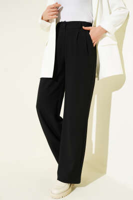 Pazarium - Yarım Bel Lastikli Palazzo Pantolon Siyah