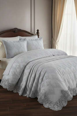 Pazarium - 6 Parça Nilüfer Çift Kişilik Pike Takımı Gri