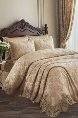 Pazarium - 6 Parça Nilüfer Çift Kişilik Pike Takımı Cappuccino