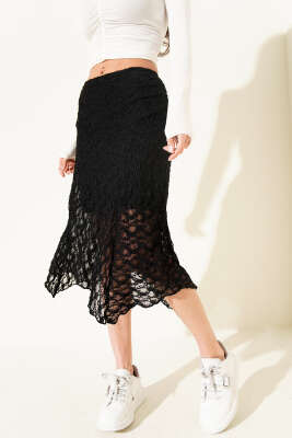 Asimetrik Büzgülü Midi Etek Siyah - Thumbnail