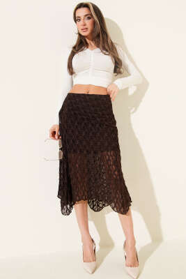 Asimetrik Büzgülü Midi Etek Kahve - Thumbnail