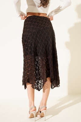 Asimetrik Büzgülü Midi Etek Kahve - Thumbnail