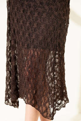 Asimetrik Büzgülü Midi Etek Kahve - Thumbnail