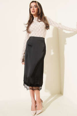 Yırtmaçlı Dantelli Midi Saten Etek Siyah - Thumbnail