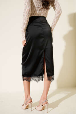 Yırtmaçlı Dantelli Midi Saten Etek Siyah - Thumbnail