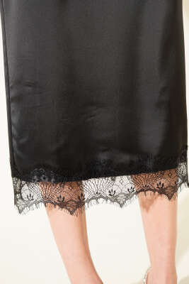 Yırtmaçlı Dantelli Midi Saten Etek Siyah - Thumbnail
